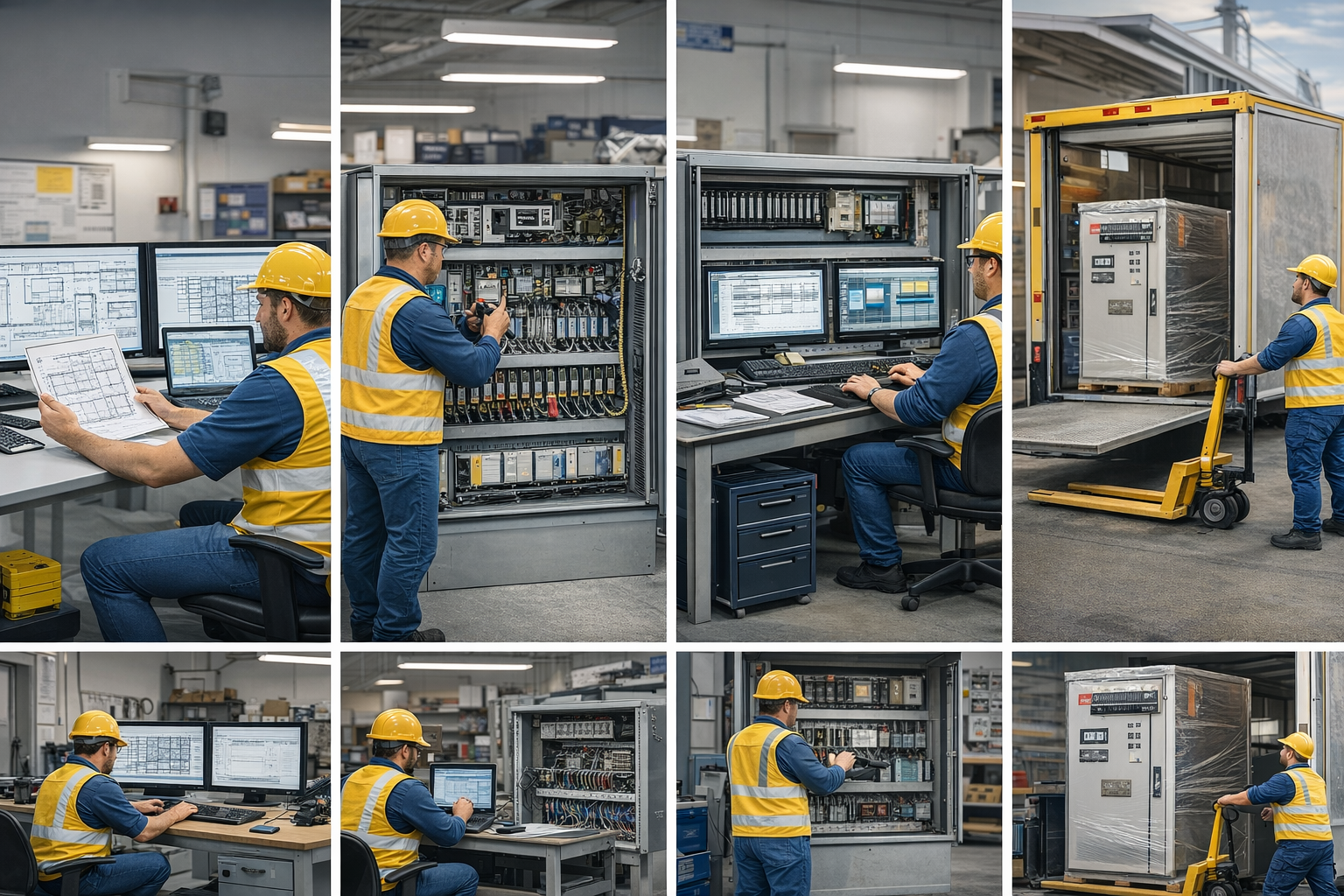 Industrial control panel manufacturing process showing engineers designing, wiring, programming, and testing automation systems